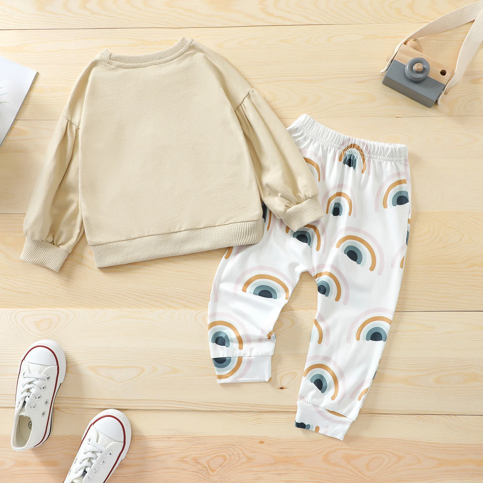 

0-3T Infant And Baby 2-Piece Set Of Cute Autumn Casual Clothes Long-Sleeved Round Neck Rainbow Top + Elastic Waist Pants Suit