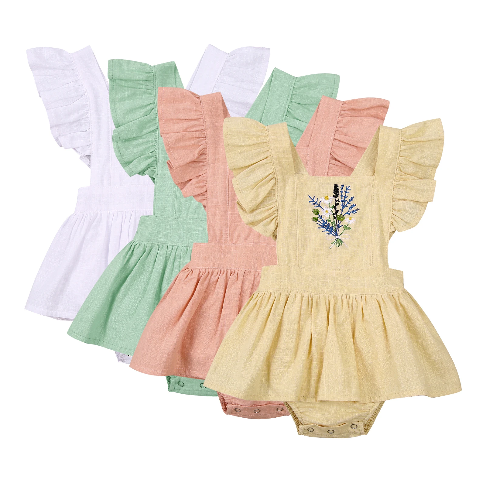 

New Summer 0-24 Months Baby Girl Bodysuit Cute Ruffle Sleeve Floral Embroidery Romper Tutu Casual Dress Super Soft Fabric