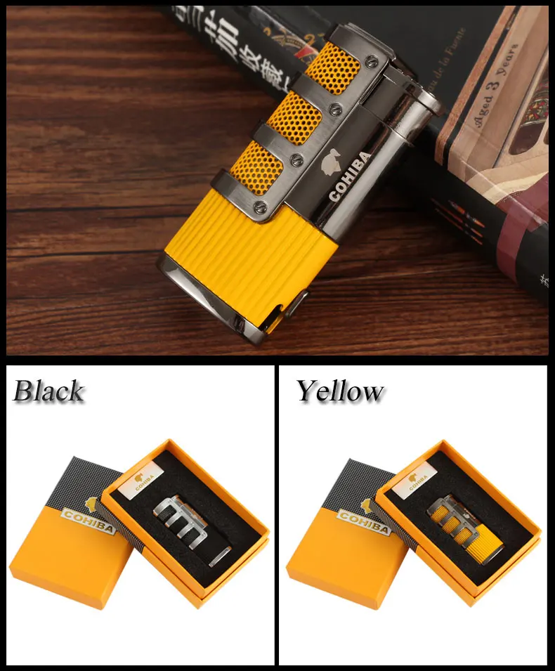 Зажигалка COHIBA металлическая карманная Бутановая Зажигалка для Сигар Зажигалка газовая ветрозащитная 3 струйная модная Зажигалка для Аксессуары для сигар W/Подарочная коробка