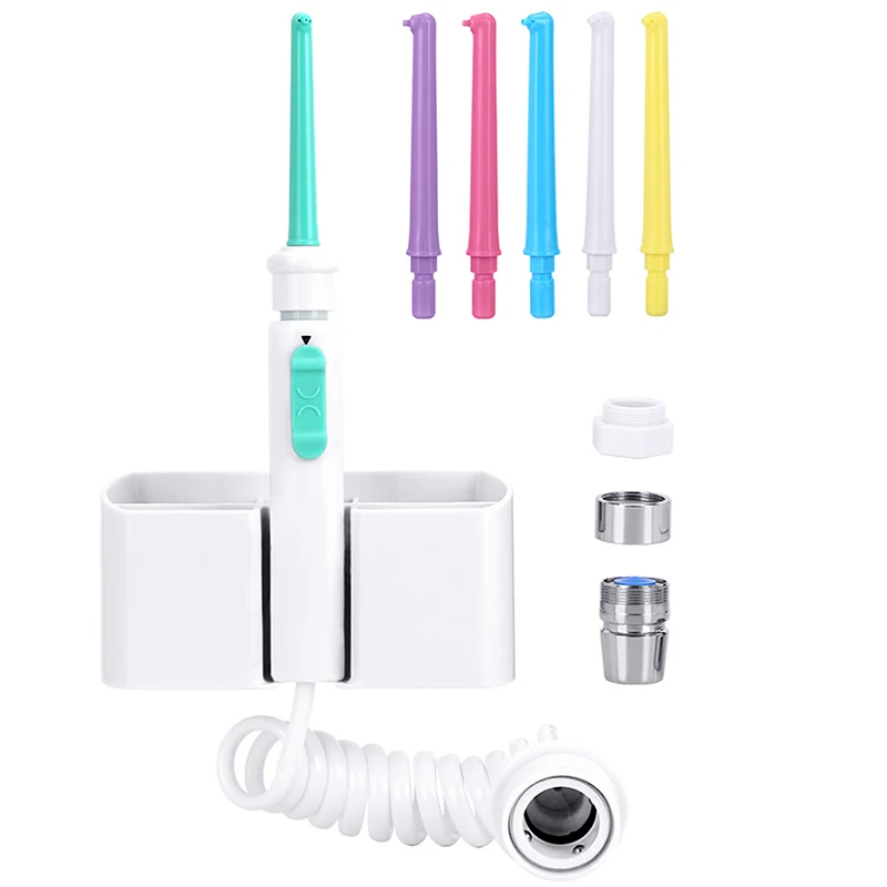 Оральный ирригатор для чистки зубов с переключателем, насадкой для зубной щетки, ирригатором для зубов, зубной щеткой, дентальным кушеткой и краном.