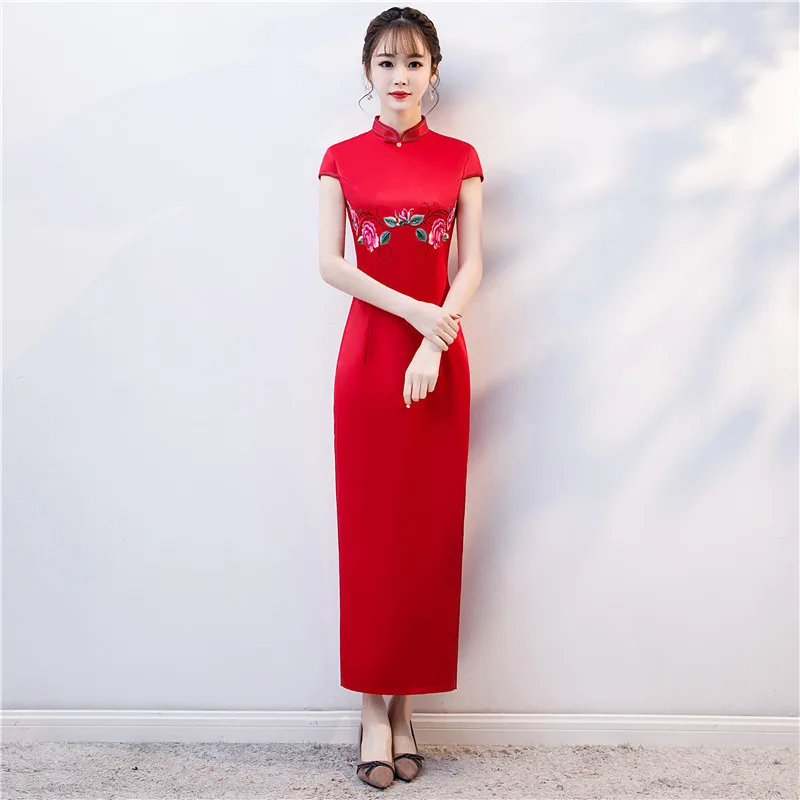 Современная Элегантная вышивка цветок Cheongsam 2019 аналогичное шелковое длинное Qi Pao