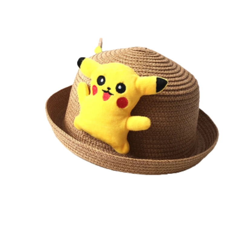 

Pokemon Cartoon Pikachu Fisherman Straw Hat Baby Breathable Sunscreen Straw Hat With Flat Top Wide Brim Tide Basin Hat Boy Girl