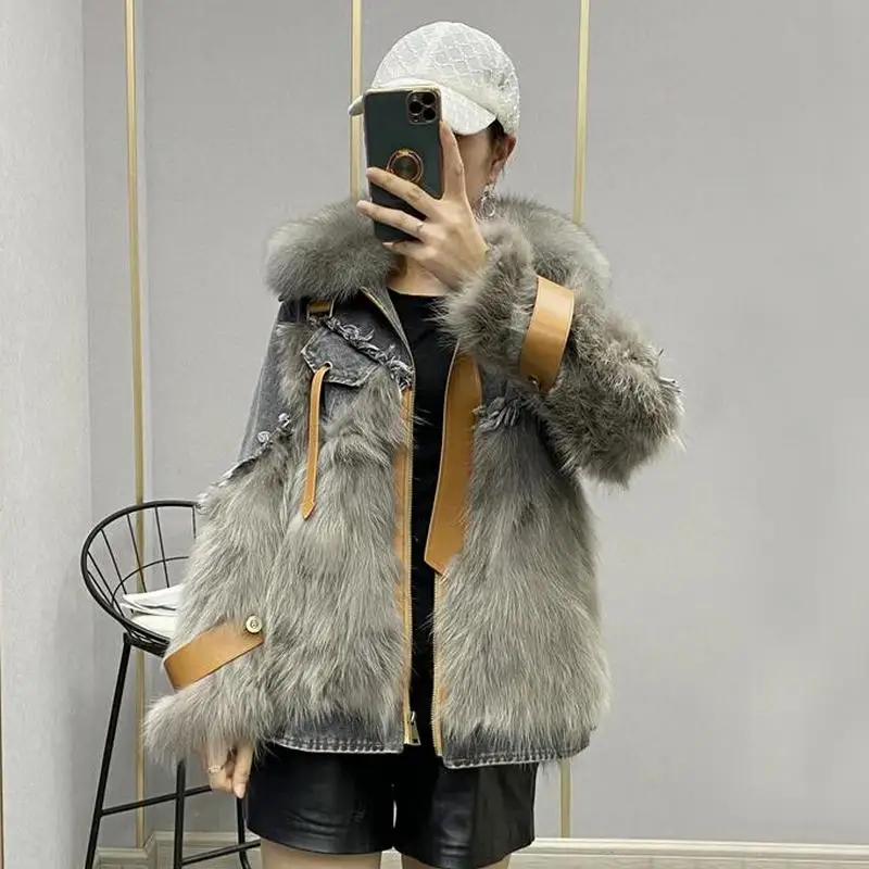 

2021 Winter New Young Denim Stitching Fox Fur Leepag Overcome Raccoon Fur Coat Women's Mid-Length