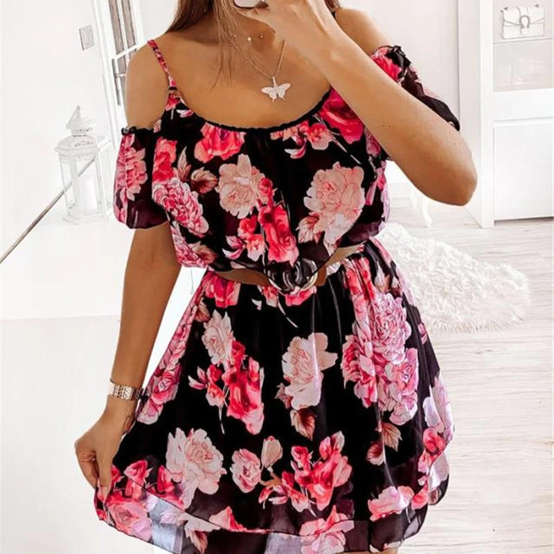

Round Neck Off Shoulder Printed Dress Women Clothing Summer New Fashion Middle Waist Short Sleeves Without Belt A Line Skirt