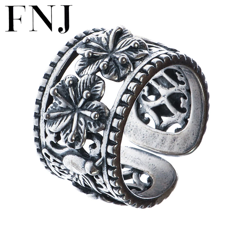 

Кольцо FNJ из серебра 925 пробы с полым цветком, регулируемый размер, 100% оригинальное, Чистое Серебро S925, кольца для женщин, ювелирные изделия