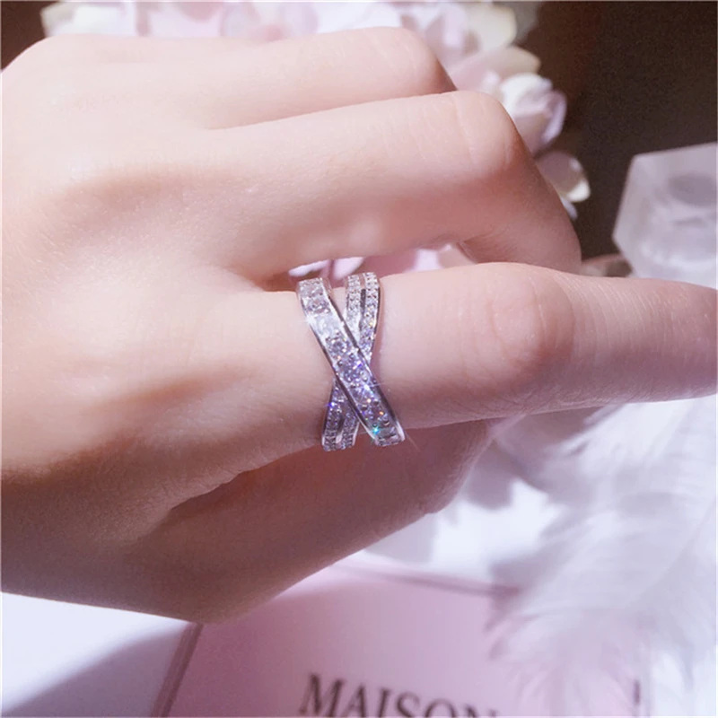 

high quality luxury authentic 925 sterling silver wide band Cross X Cross Ring micro pave zircon criss cross rings for women