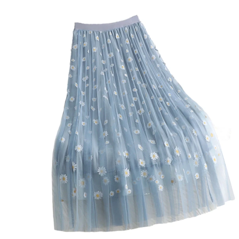 

summer Mesh Embroidery Floral long skirt womens fashion Elastic High Waist Flower midi skirts female casual Pleated Tulle Skirt