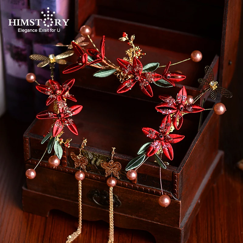 

HIMSTORY Classical Chinese Handmade Bridal Headwear Hairpins Ancient Red Flowers Hairpins Wedding Hair Accessories