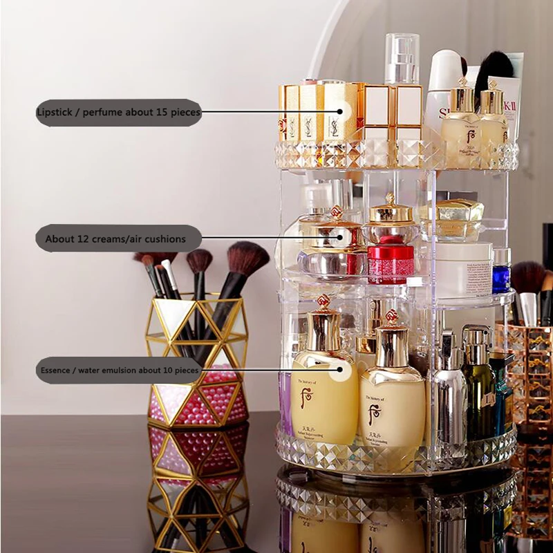 

Fashion Crystal helf Display Stand High Capacit 360 Degree Rotating Cosmetic Storage Box Makeup Organizer Cosmetics Storage Rack
