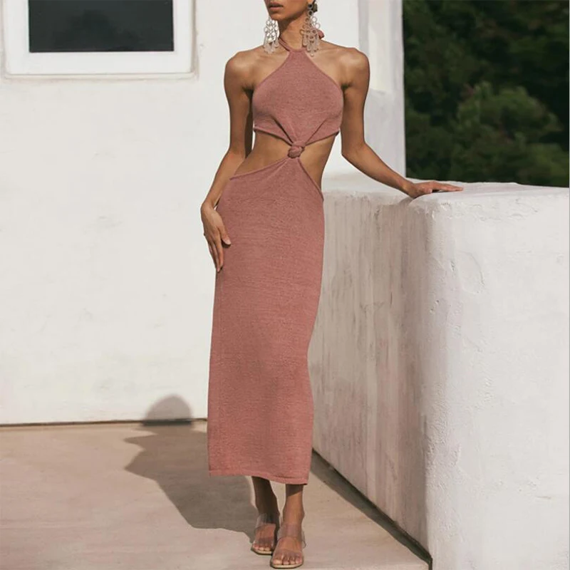 

Sling Open Back Open Back Knitted Dress Lace-up Hollow Twist High Waist Summer Long Dress Casual Female Street Party Sexy Robe