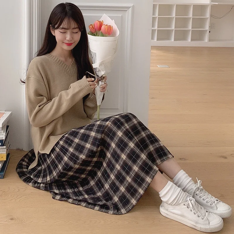 

Новинка Осень-зима Корейская ретро юбка в гонконгском стиле с высокой талией в клетку плиссированная трапециевидная юбка fafa _ ootd