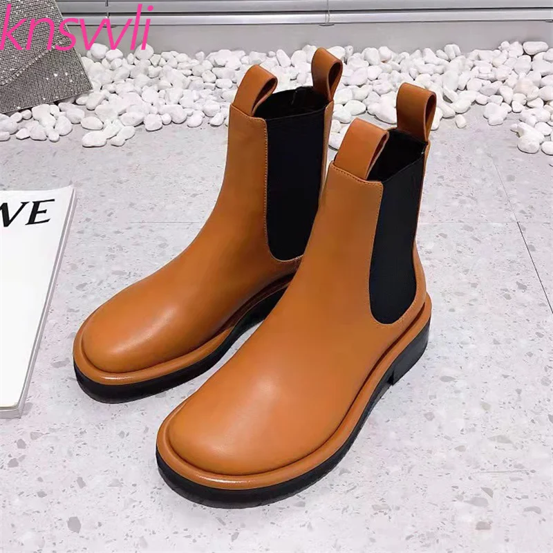 Осенние Новые короткие ботинки женские из натуральной кожи на плоской подошве