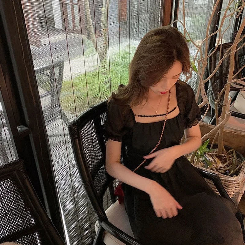 

Women Chiffon Dress Puff Sleeve Chains Designed Princess Fairy Sweet Square Collar Summer Vintage Slender Tender Elegant Chic