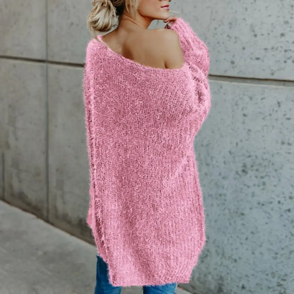 

Женский свитер с косым плечом, модный однотонный плюшевый Свободный Повседневный вязаный свитер, топ, женские пуловеры на осень