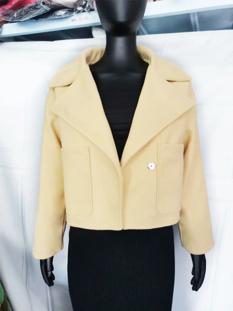 

Woman Loose Causal Short Woolen Coat Fashion Autumn Blazer Jacket Yellow