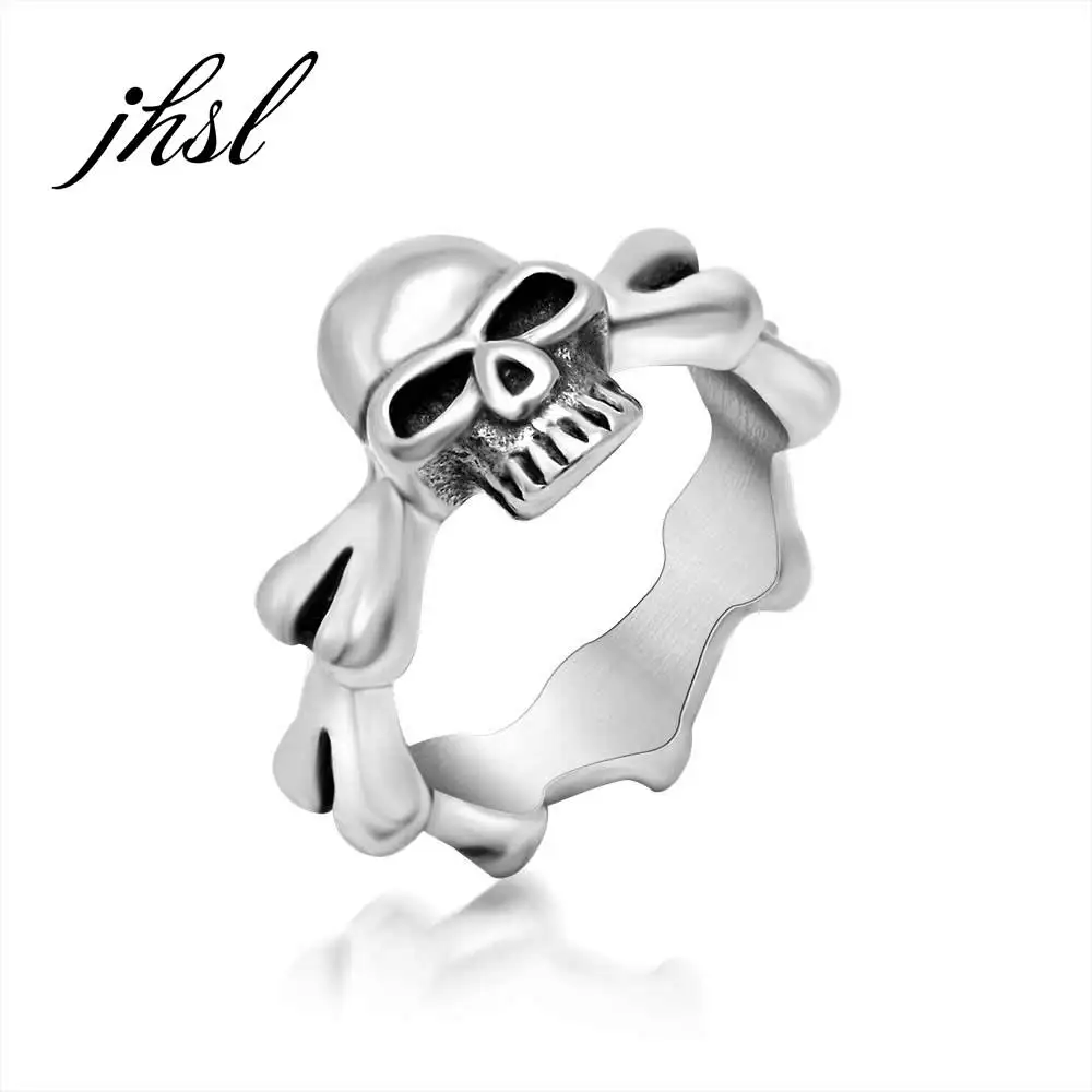 

JHSL Men Rings Punk Skull Skeleton Stainless Steel Fashion Jewelry Cocktail Halloween Party Gift Size 7 8 9 10 11 12