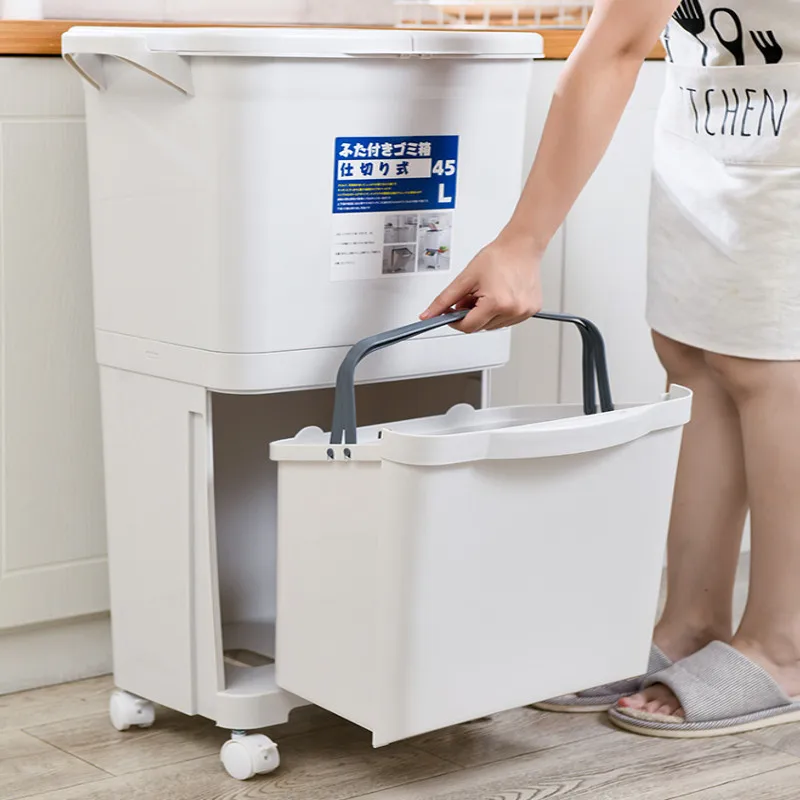 Kitchen Trash Can Recycle Bin Sorting Household Dry And Wet Separation Waste Classification Rubbish with wheel | Дом и сад