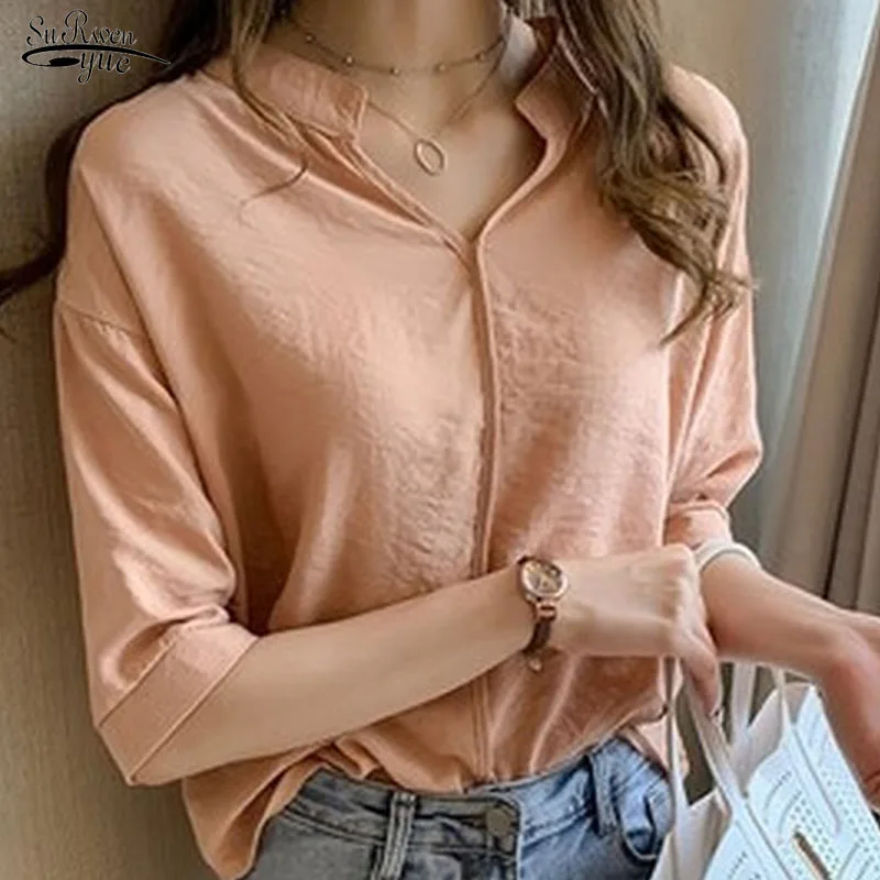 

Blusas Summer Tops Blouse Casual V-neck Chiffon Blouse Women Solid Plus Size Loose Shirts Korean Half Chic Lady Clothing 10240