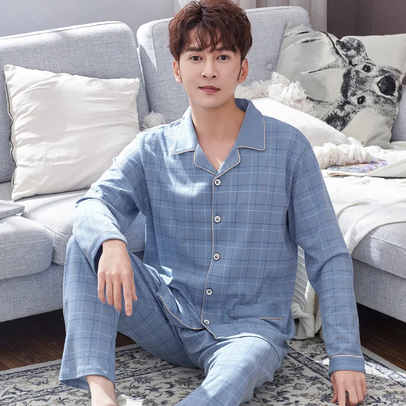 Men 100% Cotton Pajamas Autumn Spring Plaid Long Sleeves Button-Down Male Pajamas Set Man Warm Soft Cotton Sleepwear Blue