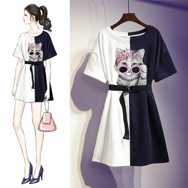 

4XL Plus Size Women Cotton T shirt Dress Summer 2021 Cartoon Print with Sequin Embroidery Patchwork Short Sleeve Casual Dresses