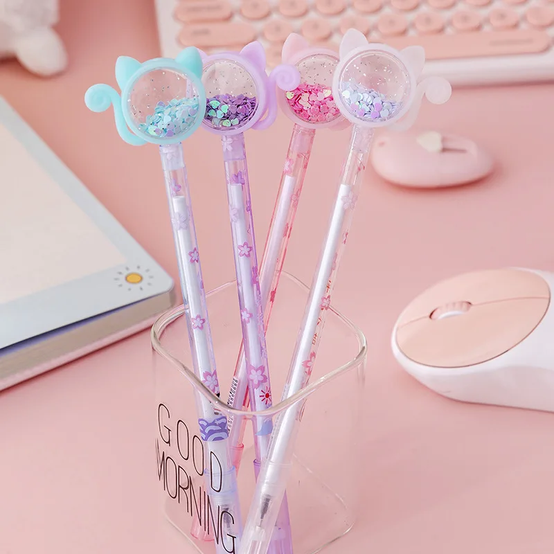 Transparent Cat Sequins Gel Pen 0.5mm Pens Stationery Student Cute Signature School Office Supplies Writing Tools | Канцтовары для