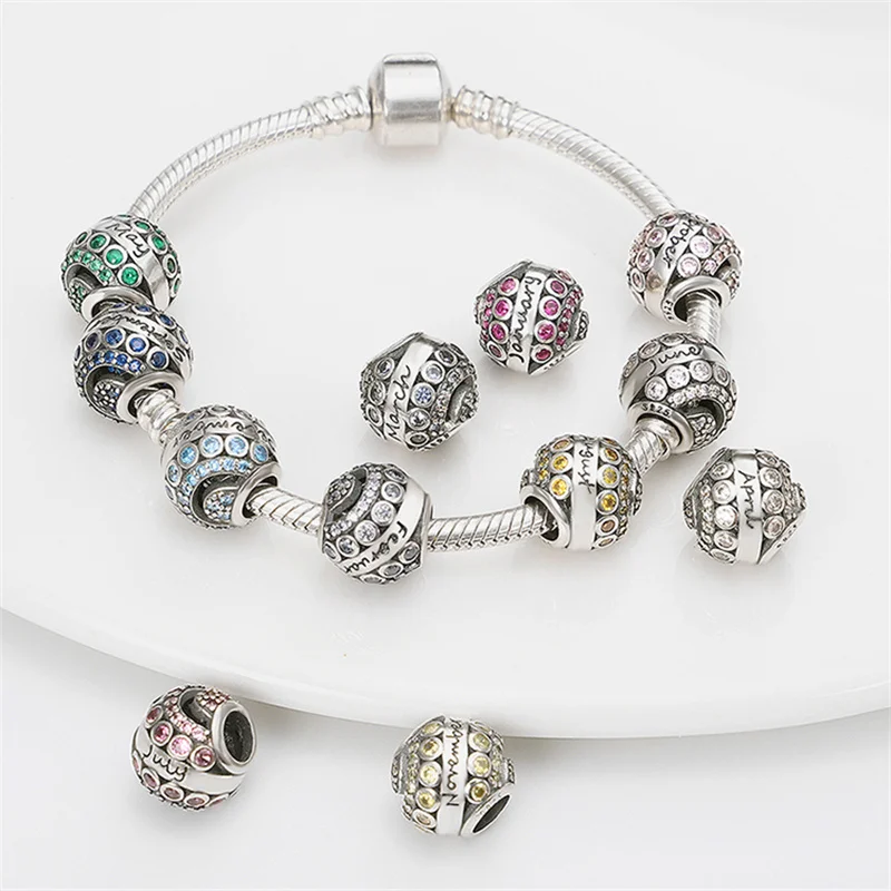 New Silver Birthstone Series April plata de ley Charms Bead Fits Original Pandora Bracelet Necklace Woman Fashion Jewelry Gift | Украшения
