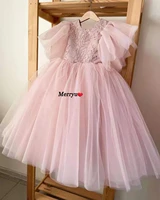 simple ball gown knee length flower girl dress beading baby girls party dresses short sleeves puffy first communion dress