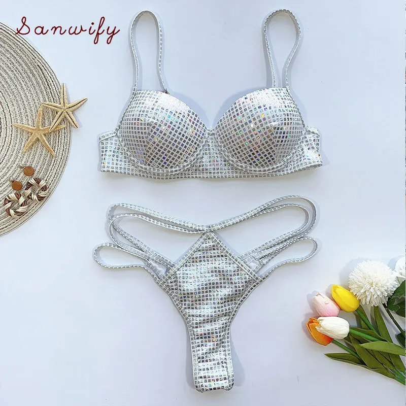 

2020 Shiny Bra Cup Push Up Bikini Swimsuit Women Swimwear Two-piece Bikini Set Bather Bathing Suit Swim Wear