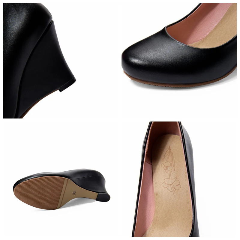 

SIMLOVEYO Spring Autumn Novelty Lady Pumps Round Toe 8.5CM Wedges Slip on Shallow Large size 34-45 Black Leisure Party B1970