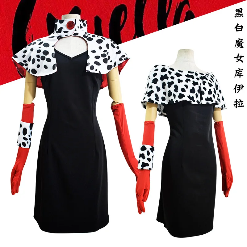 

Movie Cruella Cosplay Costumes Dresses 101 Dalmatians Cruella De Vil Anime Wig Clothing Uniform Halloween Costume for Women