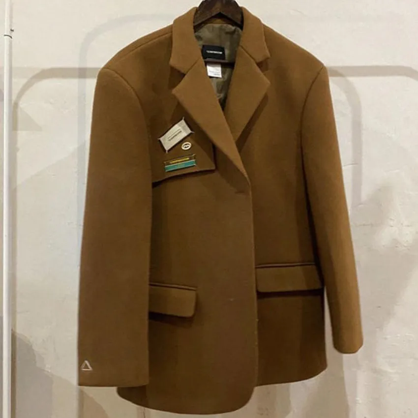 

Autumn winter vintage camel woolen blazer women loose medium length thick warm outwear