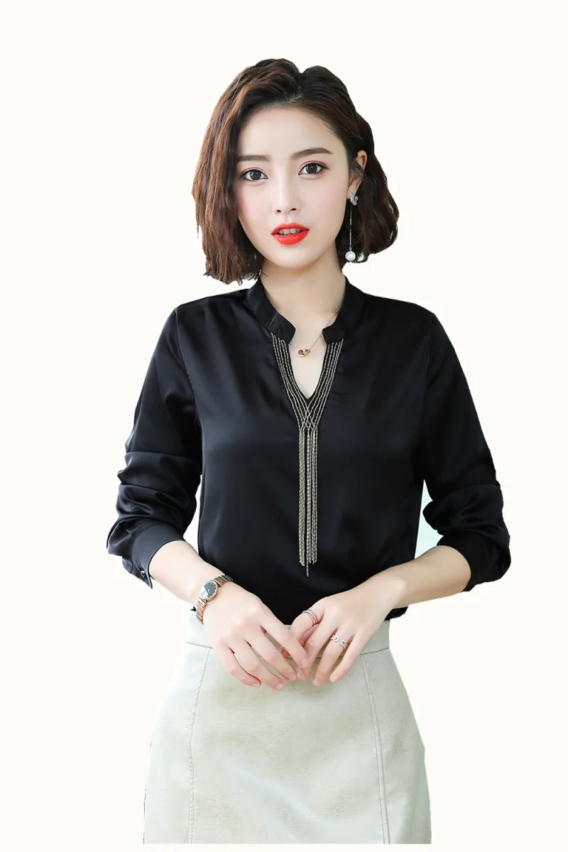 

Korean Fashion Silk Women Blouses Satin Office Lady Shirt and Blouse Tassel Women Blusas Largas Plus Size Women Clothing