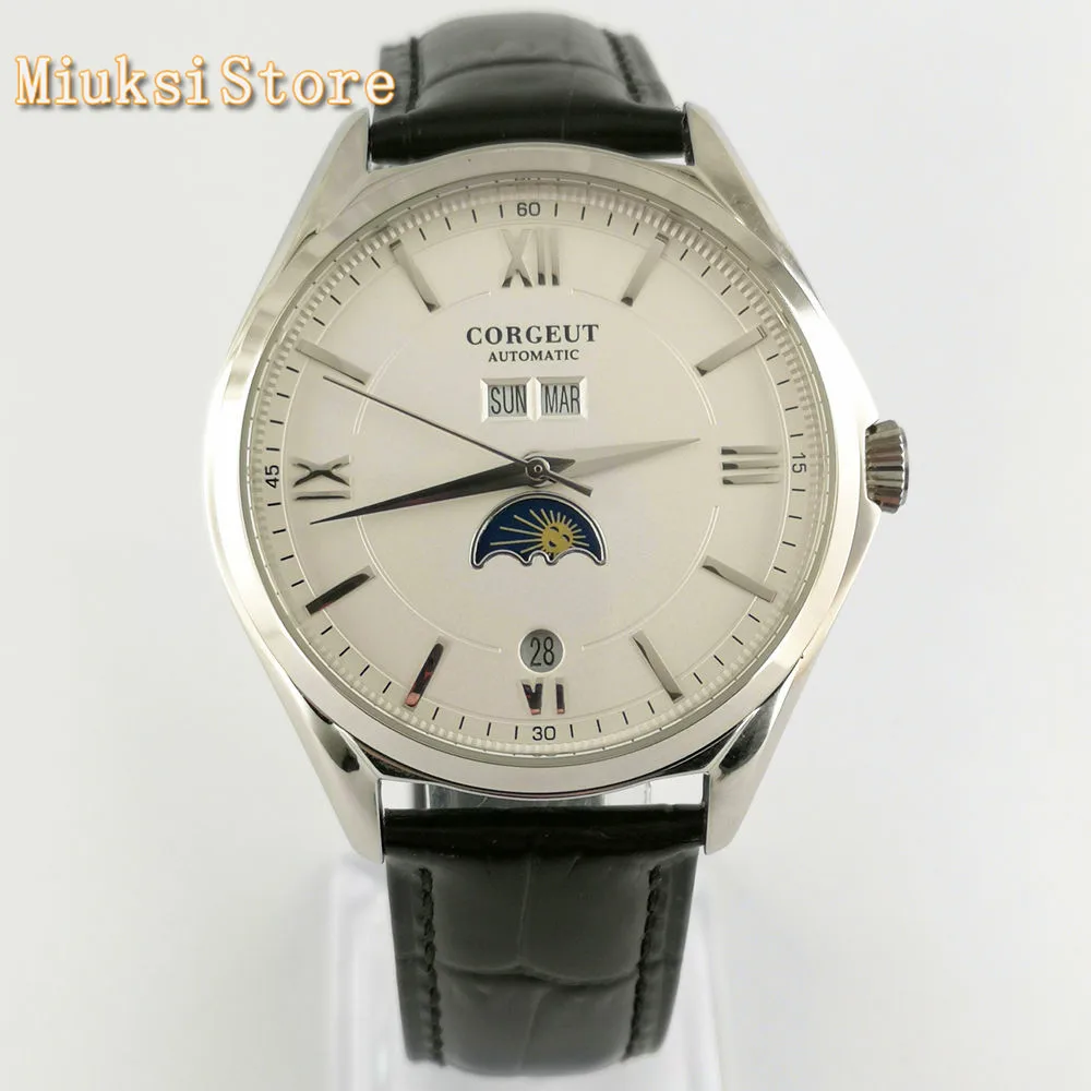 Corgeut Роскошные мужские часы 41 мм серебристый чехол белый циферблат кожаный
