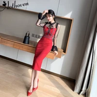 2021 spring bodycon mesh patchwork pencil dress women red long flare sleeve bow collar dress office lady elegant party dress