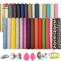 30pcs chunky glitter vinyl pu leatherette sewing fabric leopard print leather synthetic diy hair bow earring decor material