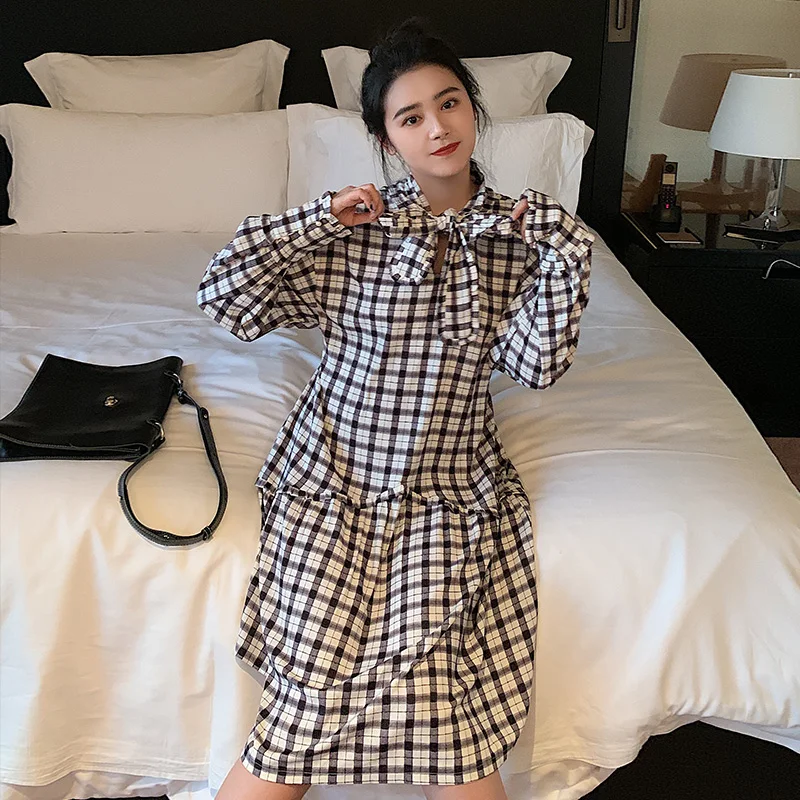 Для женщин осень размера плюс свободные все матч платье в клетку с бантом и мясо