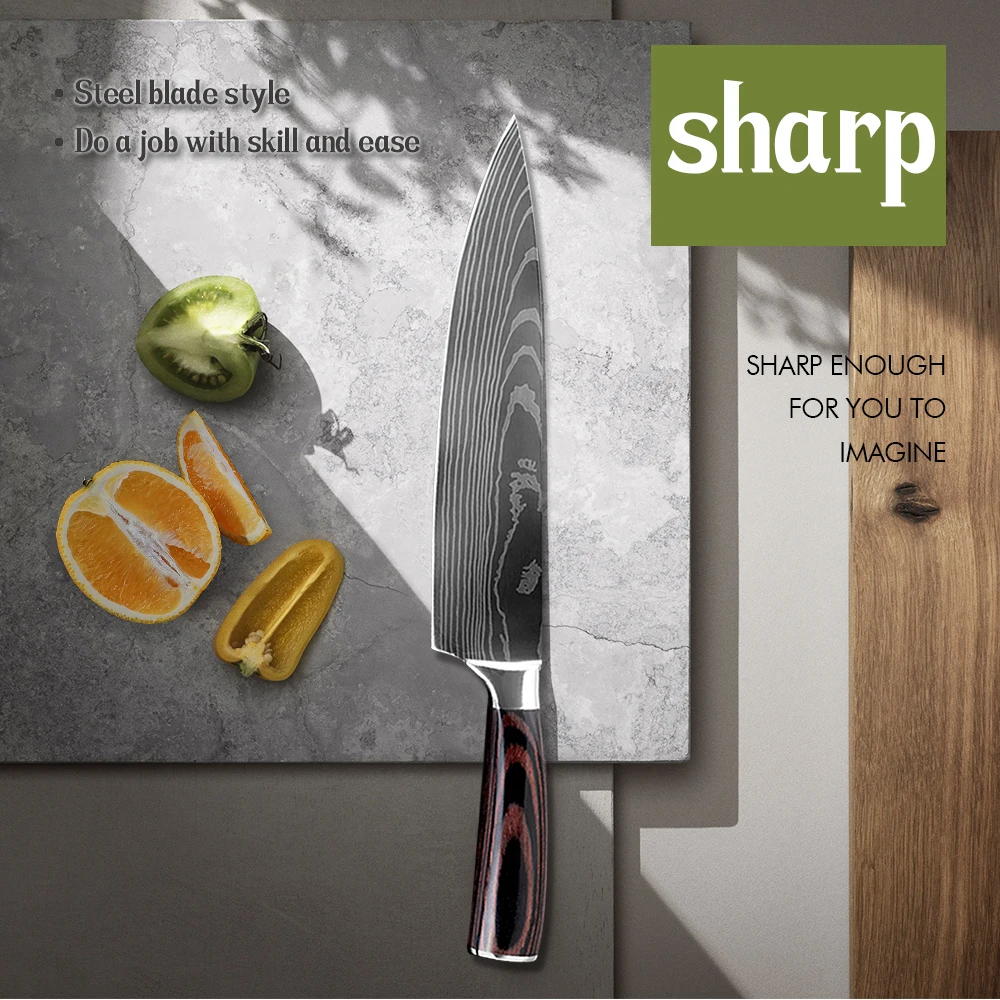 Qing High Quality Japanese Kitchen Knives Cutlery Set Stainless Steel Laser Damascus Pattern Chef Knife Tool Gift Covers | Дом и сад