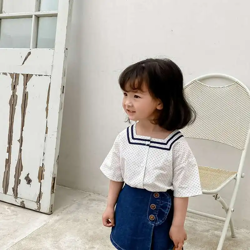Новинка лета 2020 рубашка для девочек в морском стиле топ горошек с маленьким