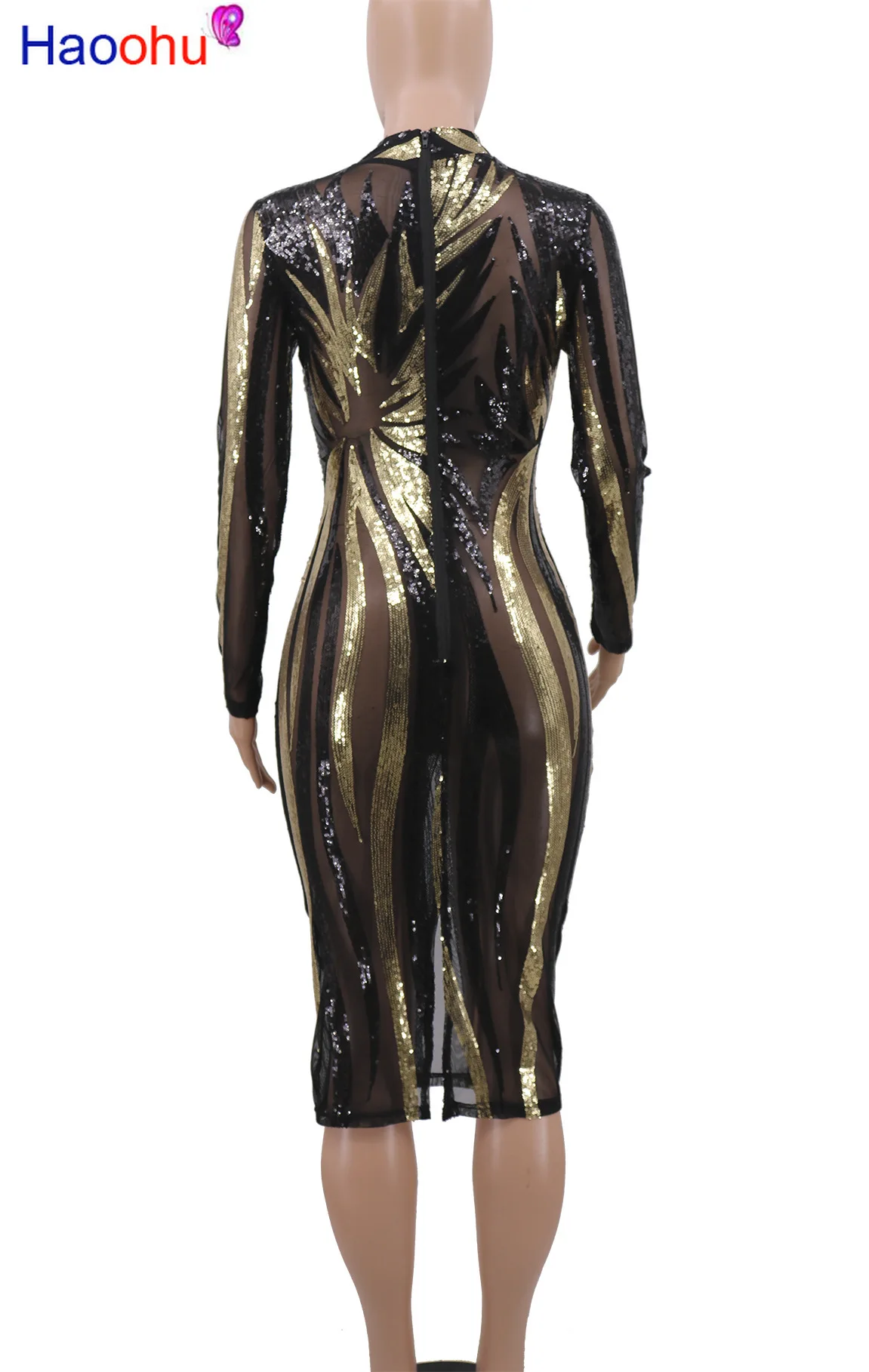 

See Through Sequins Sexy Wrap Dress Women Long Sleeve Bodycon Midi Bandage Dress Elegant Ladies High Waist Skinny Party Dress