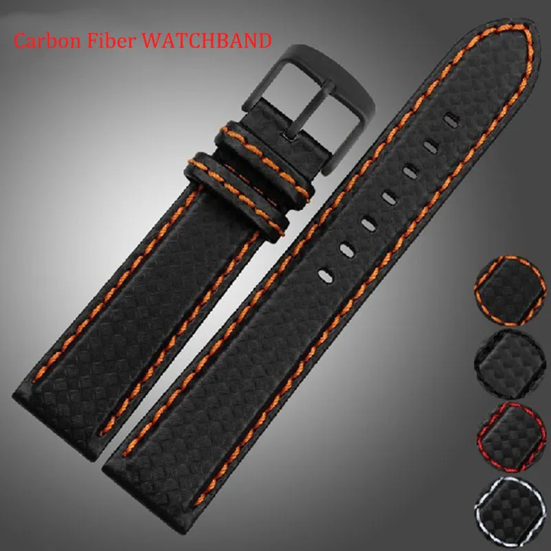18mm 20mm 22mm 24mm Mens Watch Band Carbon Fibre Watch Strap with Red Stitched + Leather Lining Stainless Steel Clasp watchband images - 6