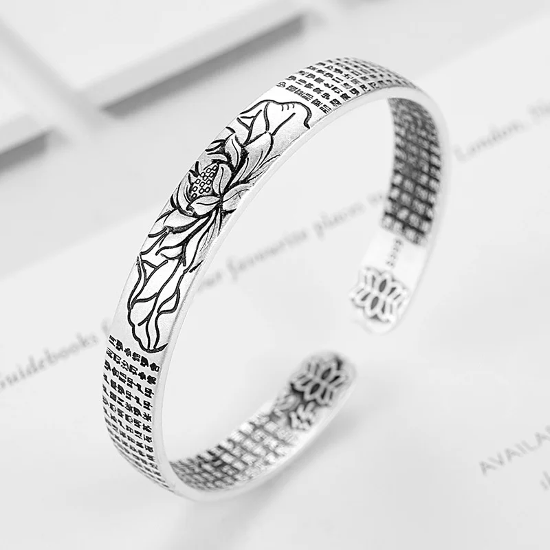 

Vintage Lotus Buddha Scripture Carving Cuff Bangle for Fashion Classic Jewelry Gift