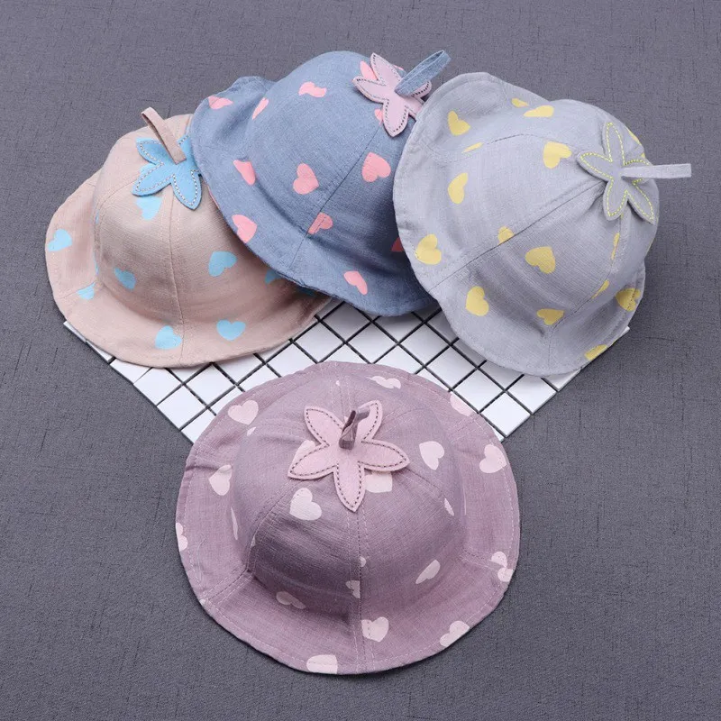 Heart Print Toddler Kids Beach Cap Summer Cute Princess Baby Hat With Flower Bucket 0-12M | Детская одежда и обувь