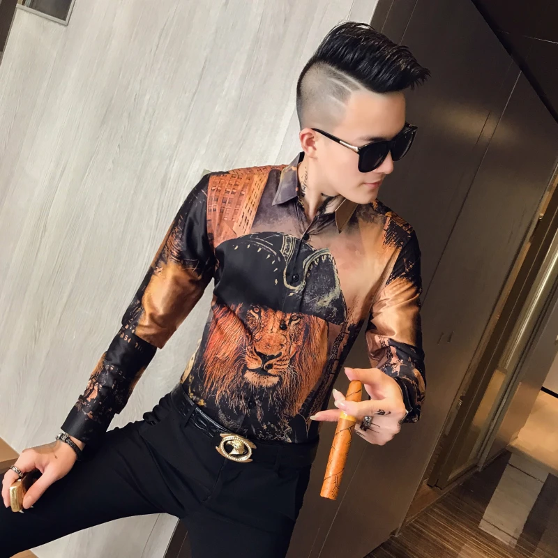 Мужская рубашка с головой льва, DJ Singer Camisa Homem Prom Camisa Masculina, Роскошная золотая рубашка с принтом животных, мужская рубашка с длинными рукавами, вечерние Клубные