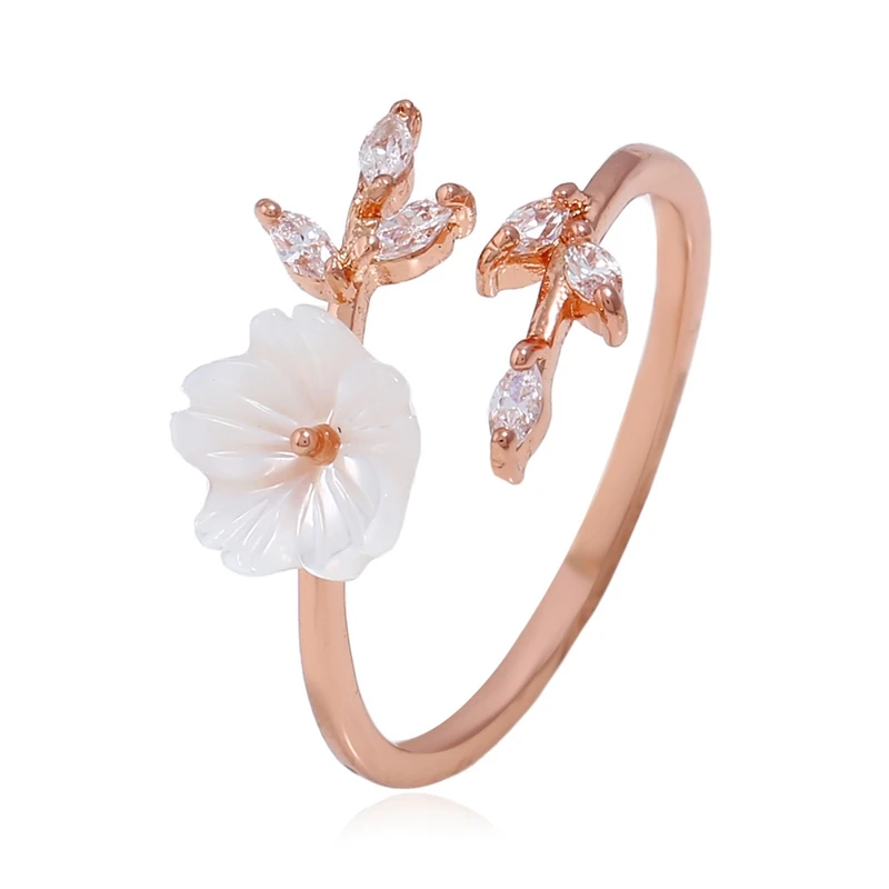 

South Korea's New Fashion Women's Jewelry Exquisite Adjustable Rings Copper Inlaid Zircon Leaf Shell Flower Finger Wedding Rings