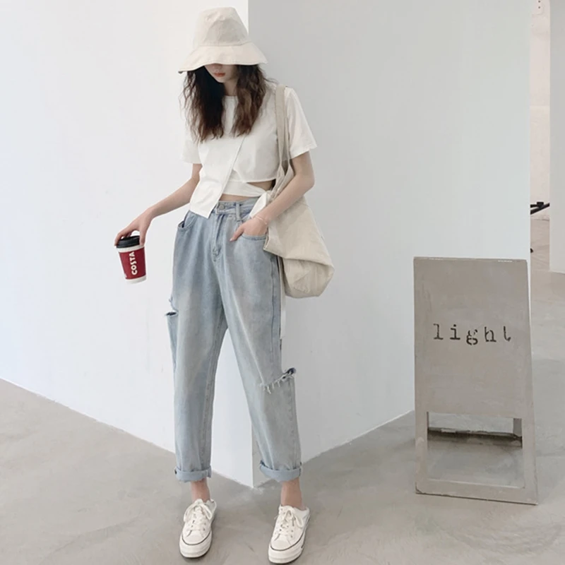 

Women'S Straight High Waist Falling Hole Denim Wide Leg Pants Trousers Blue