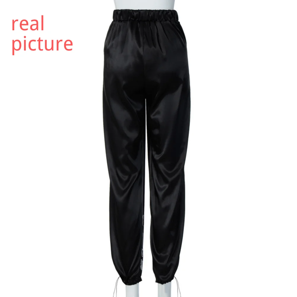 

Missnight Butterfly Black Pants Women High Waist Sweatpants Satin Lace Up Drawstring Streetwear Loose Hip Hop Pants Harajuku