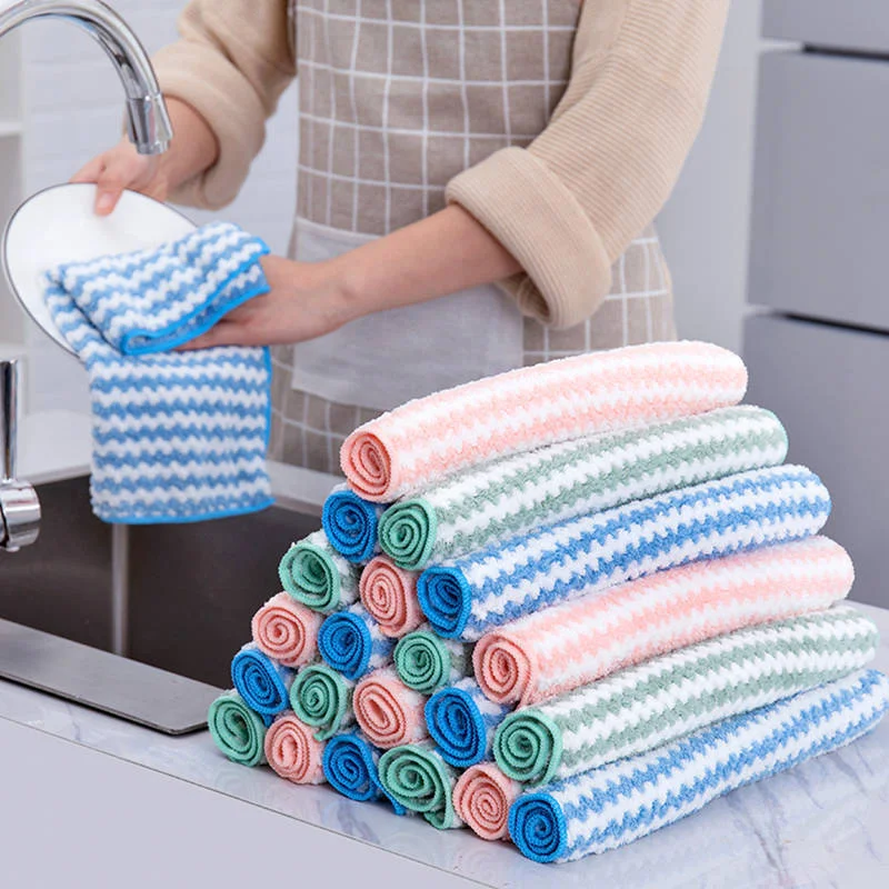 

1Pcs Striped Flower Household Kitchen Towels Absorbent Thicker Microfiber Wipe Table Kitchen Cleaning Dish Washing Rags Cloth