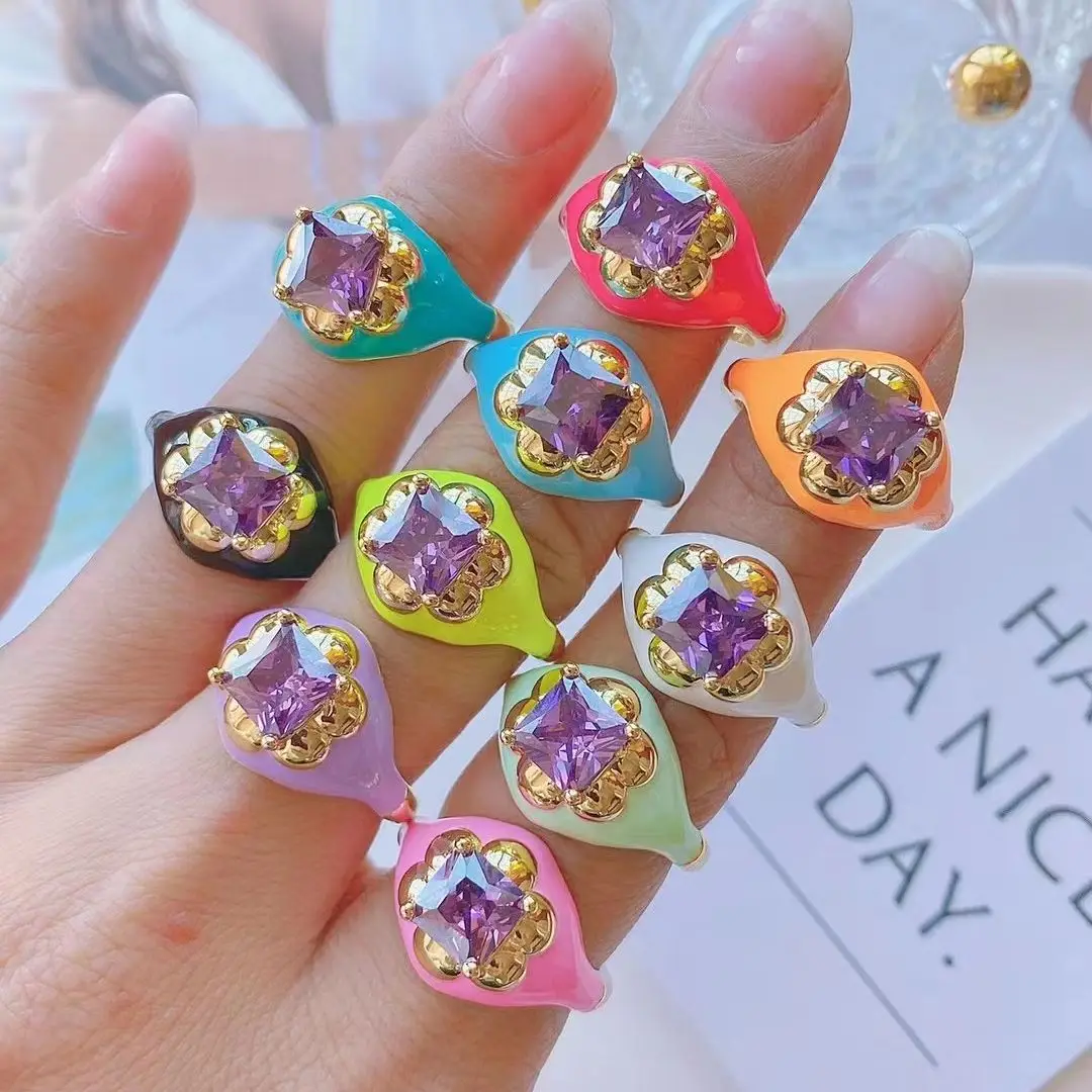 

8 шт. популярные модные европейские латунные регулируемые Позолоченные радужные эмалевые кольца с фиолетовым кристаллом для женщин