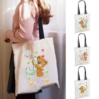 women cute bear letters pattern canvas tote wide rope shoulder bag fabric reusable beach handbags shopper bags minimalist style