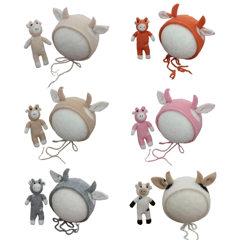 

2 Pcs Baby Knitting Cow Hat Animal Doll Set Handmade Crochet Mohair Beanies Cap Newborn Photography Props Bonnet Accessories